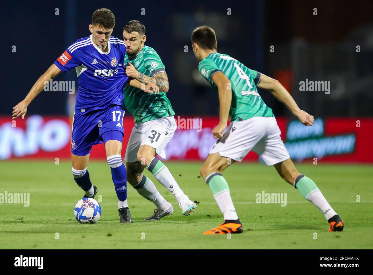 Zagreb, Croatia. 15th July, 2023. Fran Topic of Dinamo Zagreb and Zvonimir  Sarlija of Hajduk Split competes for the ball during the Supersport  Supercup match between GNK Dinamo Zagreb and HNK Hajduk