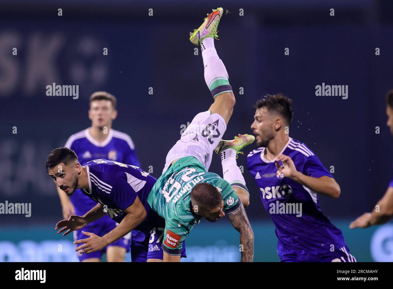 Zagreb, Croatia. 15th July, 2023. Jan Mlakar of Hajduk Split and Fran Topic  of Dinamo Zagreb in action during the Supersport Supercup match between GNK  Dinamo Zagreb and HNK Hajduk Split at Maksimir stadium on July 15, 2023, in  Zagreb, Croatia