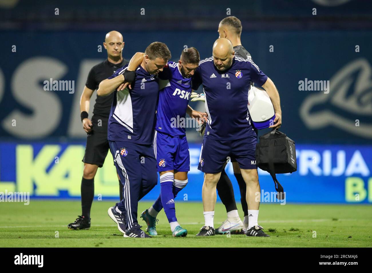 Zagreb, Croatia. 15th July, 2023. Luka Ivanusec of Dinamo Zagreb leaves the  pitch with an injury during the Supersport Supercup match between GNK Dinamo  Zagreb and HNK Hajduk Split at Maksimir stadium