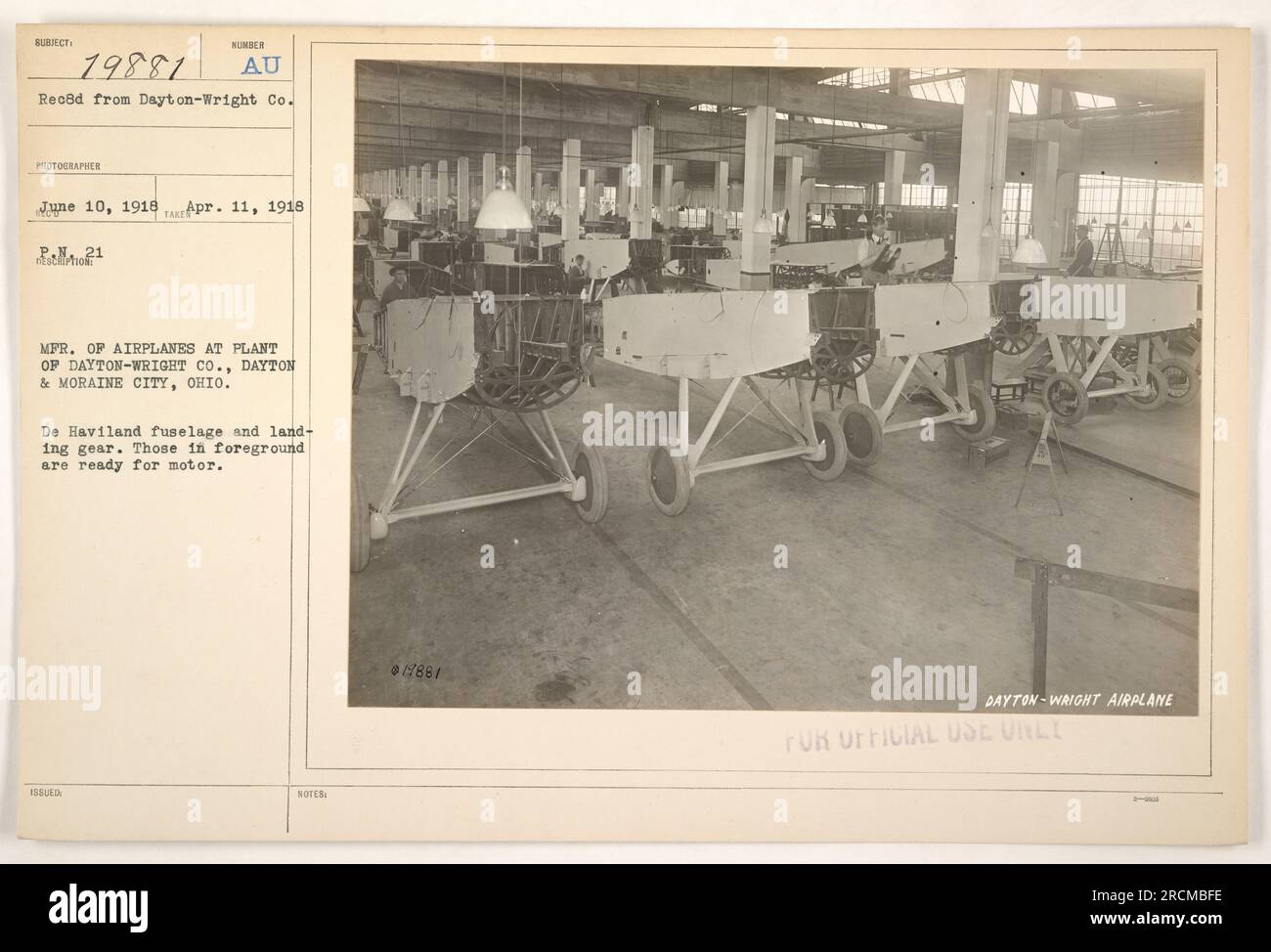 An image showing Dayton-Wright Co., a manufacturer of airplanes during World War One. The photo depicts De Haviland fuselages and landing gear, with those in the foreground being ready for motors. This is an official use photo for Dayton-Wright Airplane. Stock Photo
