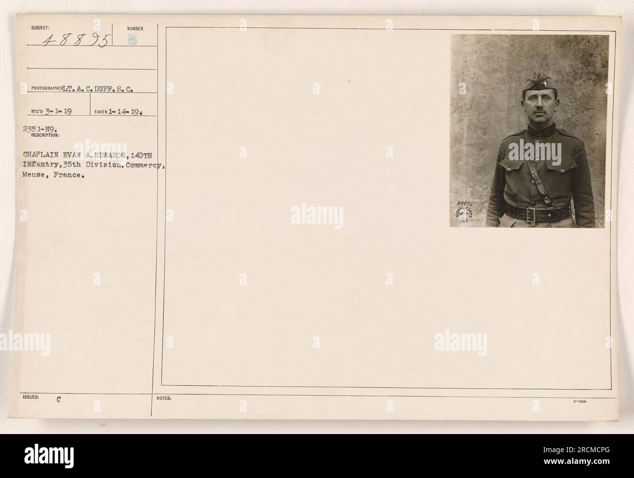 Chaplain Evan A. Edwards of the 140th Infantry is seen in Commercy, Meuse, France. The photograph was taken on January 14, 1919, and was issued by A.C. Duff. It is numbered 48895, with additional notes indicating that it is part of reco 3-1-19 and S 04. Stock Photo