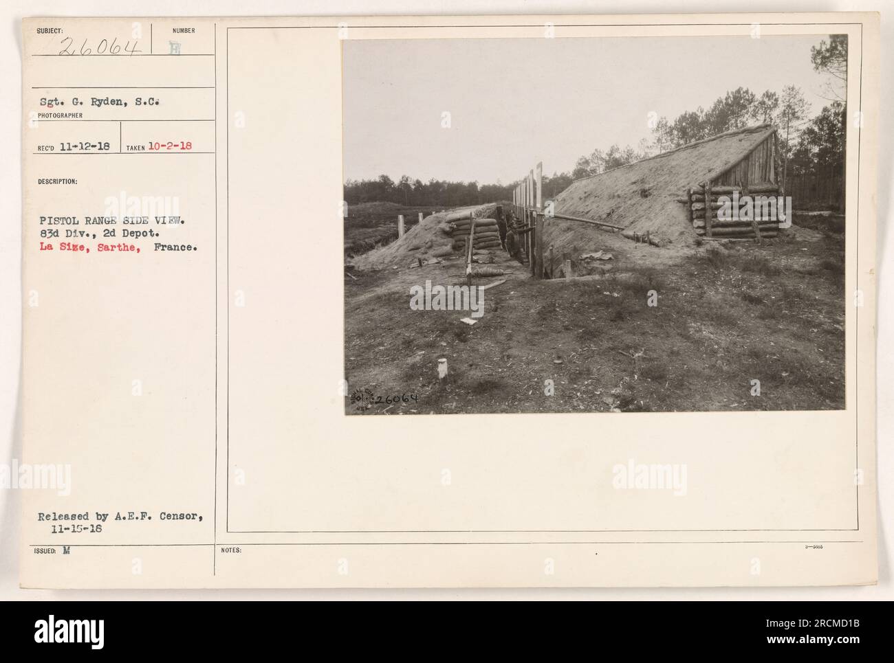 Sgt. G. Ryden from the 83rd Division, 2nd Depot, can be seen in a side view on a pistol range in La Size, Sarthe, France. This photograph was taken on October 2, 1918 and released by the A.E.F. Censor on November 15, 1916. Stock Photo