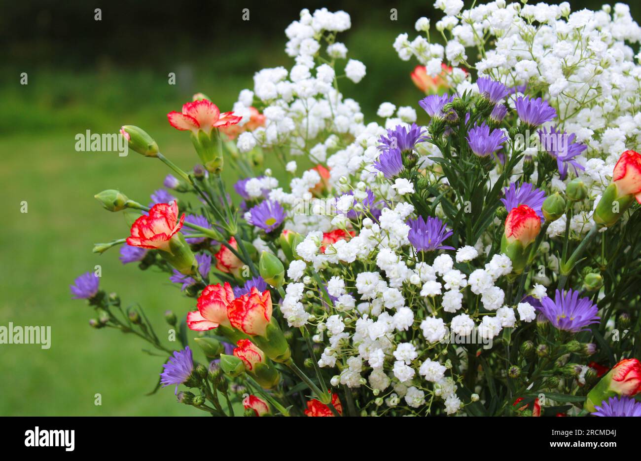 Purple, White and Orange Flowers in an Arrangement Stock Photo