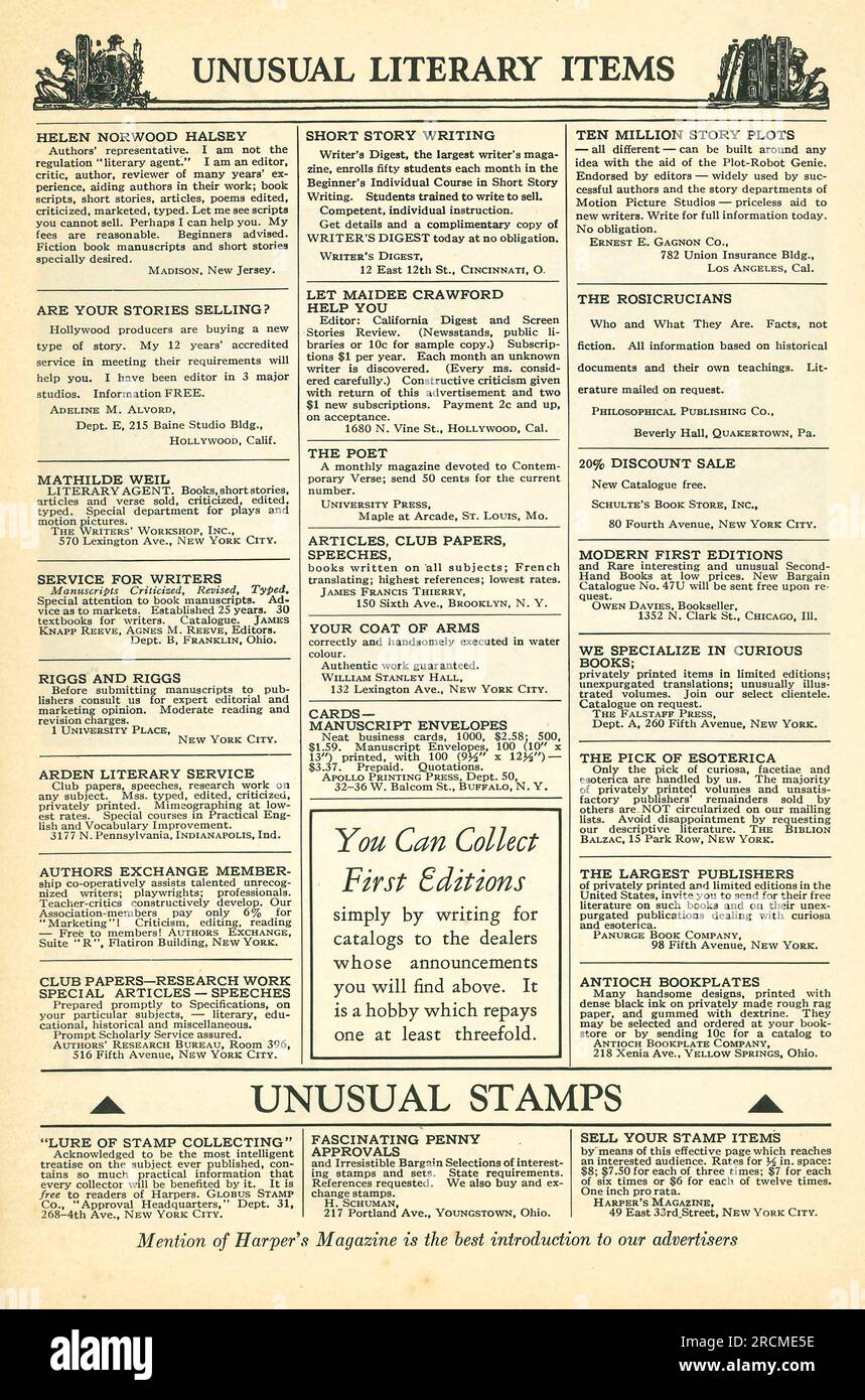 Unusual Literary Items advertising page, literaruy agents, writing skills  in a magazine August 1932 Stock Photo