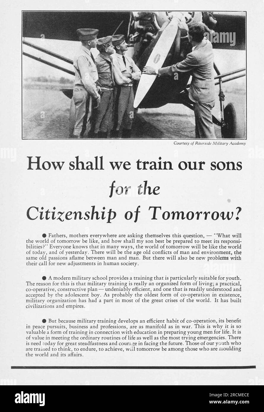 How should we train our sons for the citizenship of tomorrow, Riverside military academy promotional article in a magazine August 1932 Stock Photo