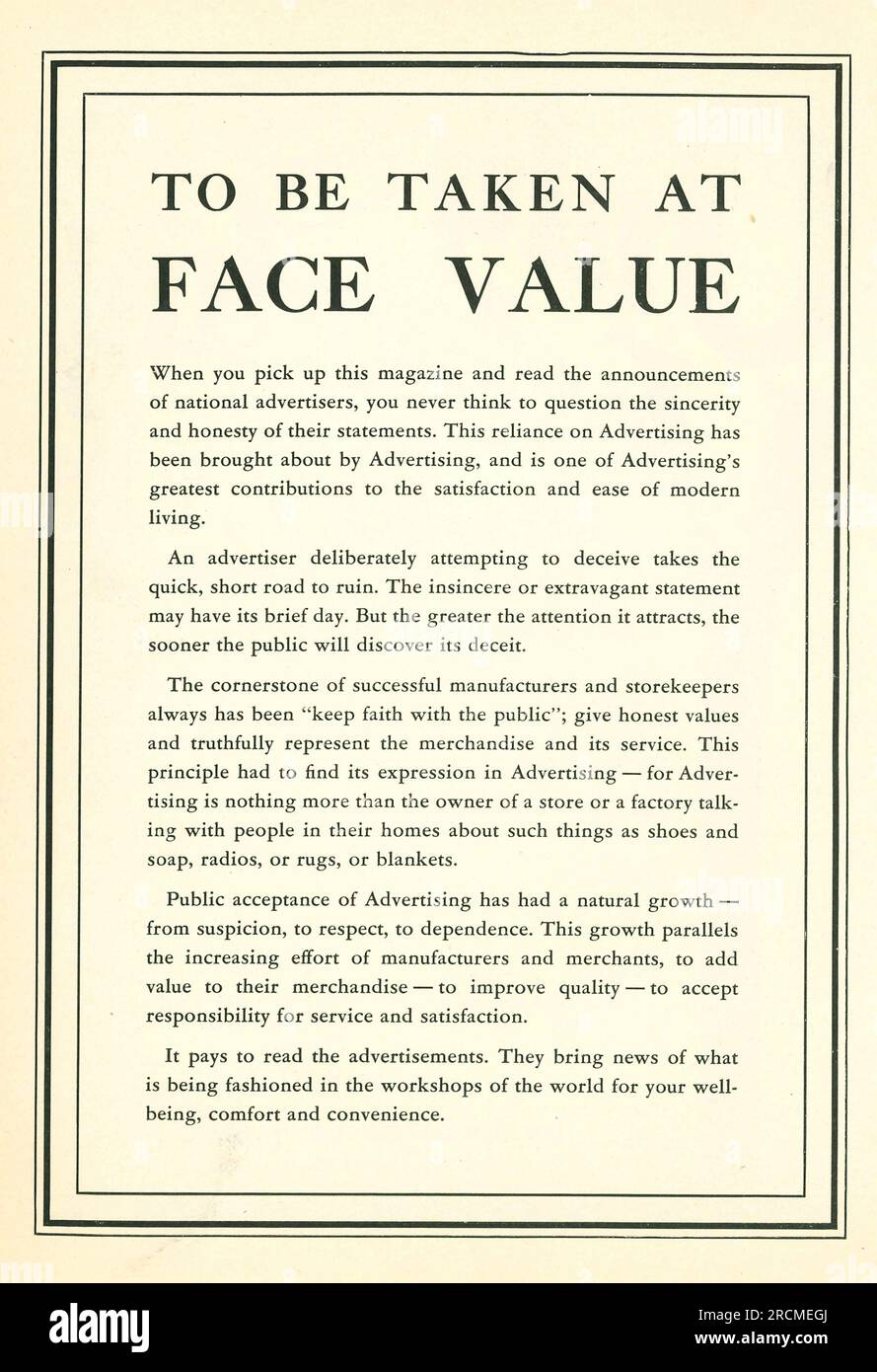 Note on advertising in Harper's magazine August 1932. To Be Taken At Face Value Stock Photo