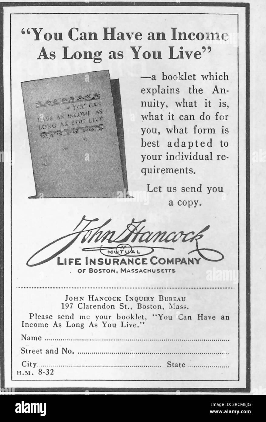 John Hancock Life Insurance:advert in a magazine August 1932 Stock Photo