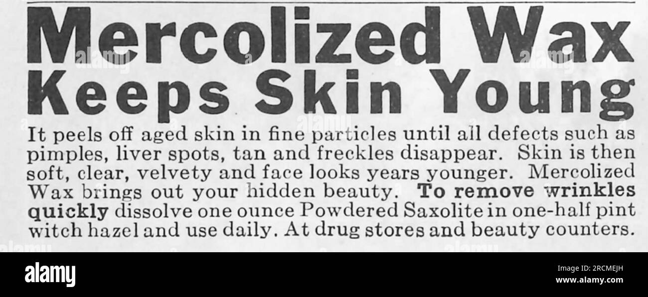 Mercolized wax keeps skin young advert in a magazine August 1932. Removing wrinkles quickly Stock Photo