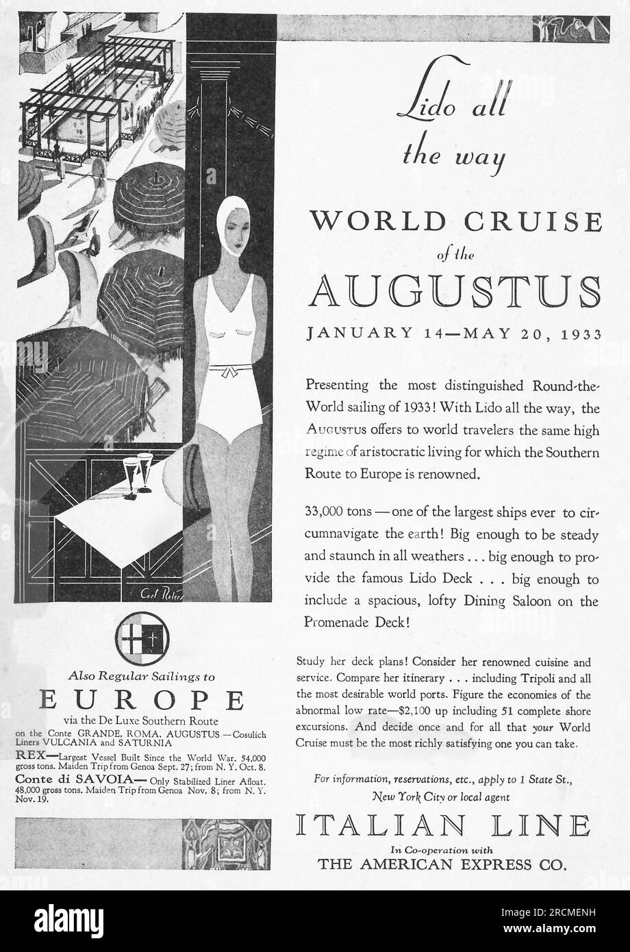World Round-the-World Cruise of the Augustus - Italian line and the American Express from NYC advert in a magazine August 1932 Stock Photo
