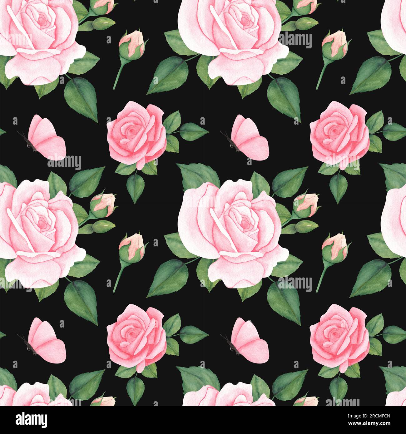 Watercolor seamless pattern with pink peach pastel roses on black background. illustration for print, textile, fabric, wrapping paper. Stock Photo