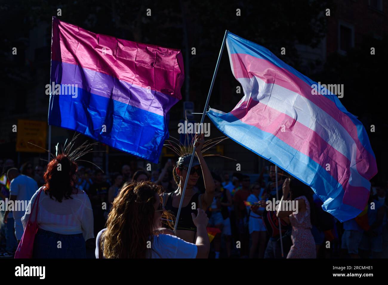 Barcelona, Spain. 15th July, 2023. Barcelona, Spain - July 15, 2023: The Transgender Pride Flag is seen during the annual Pride parade in the city center. Thousands of people marched through central Barcelona to assert and celebrate Lgbtqia  people rights. (Photo by Davide Bonaldo/Sipa USA) Credit: Sipa USA/Alamy Live News Stock Photo