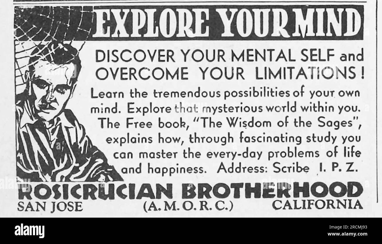 Rosicrucian Brotherhood A.M.O.R.C. San Jose California USA. Explore your mind. Wisdom of the Sages book. Advert in a magazine August 1932 Stock Photo