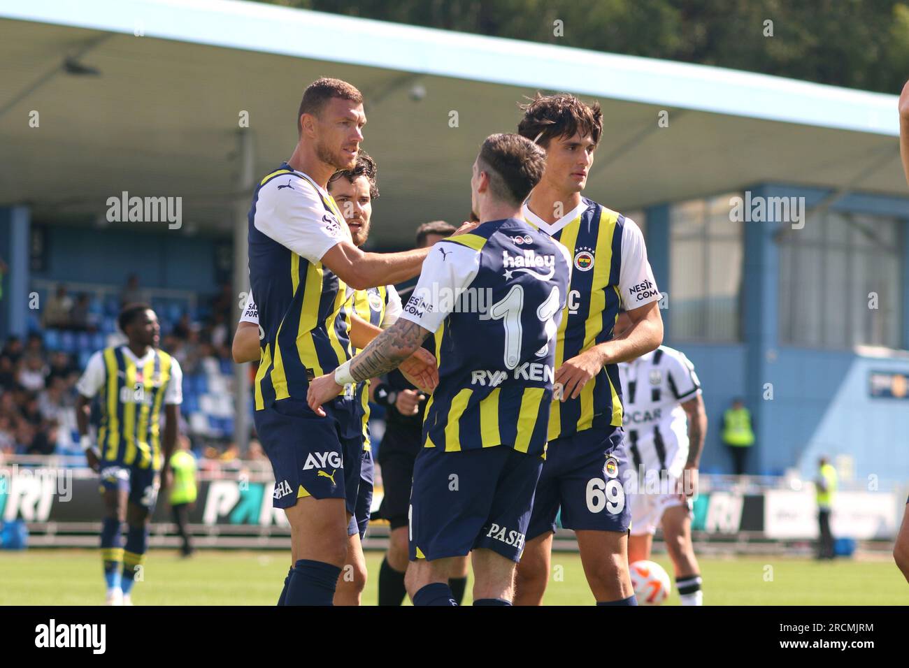 Saint Petersburg, Russia. 15th July, 2023. Edin Dzeko (L), Ferdi Kadioglu (2L), Ryan Kent (2R), Yusuf Kocaturk (R) of Fenerbahce in action during the Pari Premier Cup football match between Fenerbahce Istanbul and Neftci Baku at Stadium Smena. Fenerbahce S.K. team won against Neftci Baku PFK with a final score of 1:0. Credit: SOPA Images Limited/Alamy Live News Stock Photo