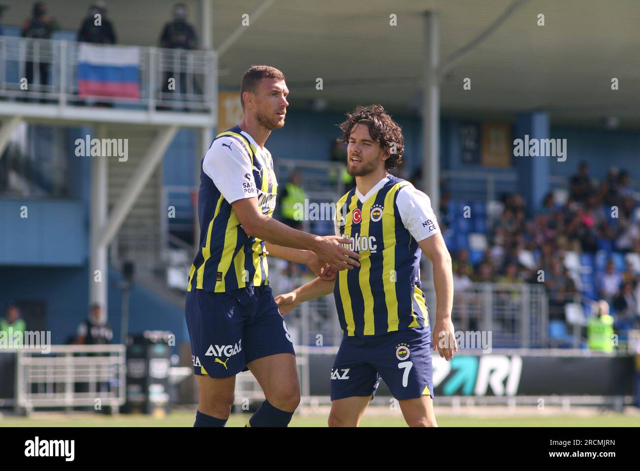 Saint Petersburg, Russia. 15th July, 2023. Edin Dzeko (L), Ferdi Kadioglu (R) of Fenerbahce in action during the Pari Premier Cup football match between Fenerbahce Istanbul and Neftci Baku at Stadium Smena. Fenerbahce S.K. team won against Neftci Baku PFK with a final score of 1:0. Credit: SOPA Images Limited/Alamy Live News Stock Photo