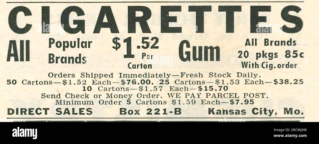 cigarette sale near me Cigarettes, gums, all brands. direct sales Kansas City advert in a US  magazine. USA, February 1949 Stock Photo