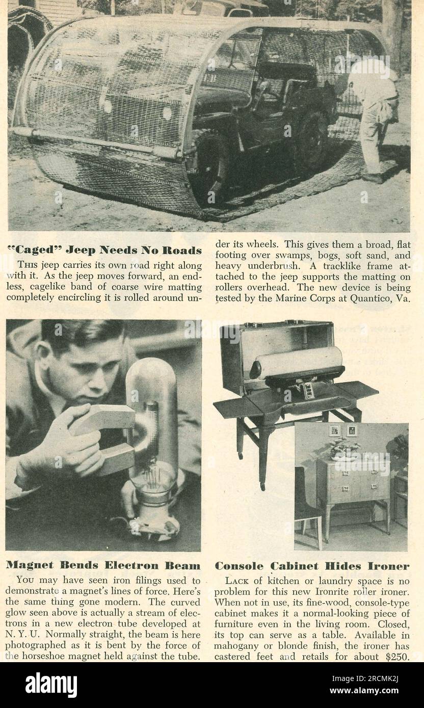 Caged Jeep, magnet bends electron beam, Ironrite roller ironer inventions article in Popular Science magazine, USA, February 1949 Stock Photo