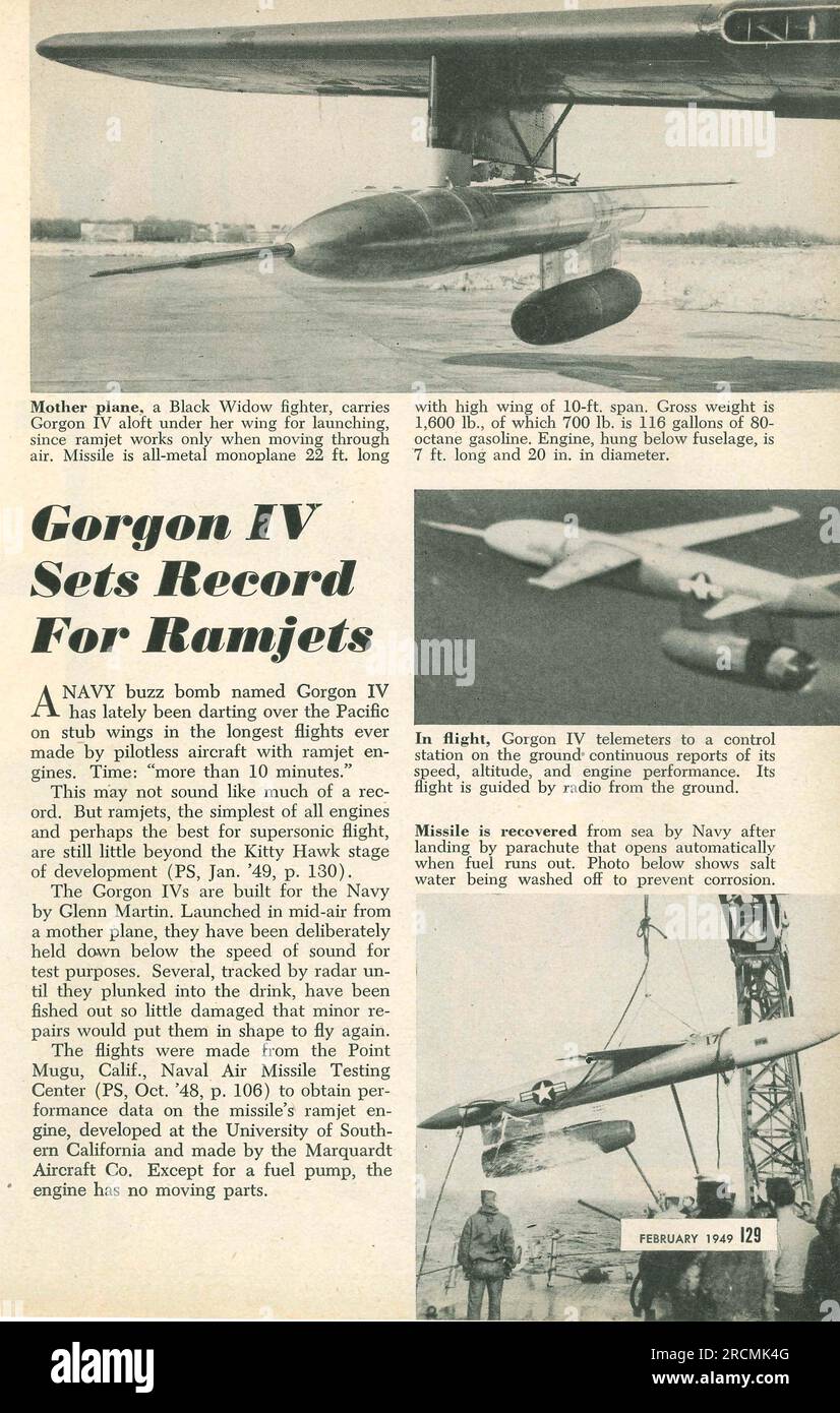 Gorgon IV sets records for ramjets, navy buzz bomb with a Black Widow fighter. Gorgon 4 made by Glenn Martin Stock Photo