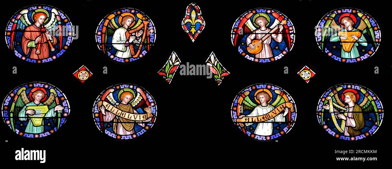 Angel Musicians, Music, Scenes from life of Jesus Christ, stained glass window, by Frederick Preedy, 19th century, Old Hunstanton, Norfolk Stock Photo