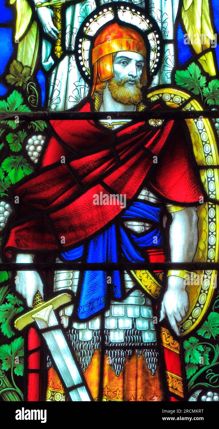 Joshua, Old Testament, Bible, character, figure, sword, shield, warrior, stained glass window, All Saints Church,Warham, Norfolk, UK, English School, Stock Photo