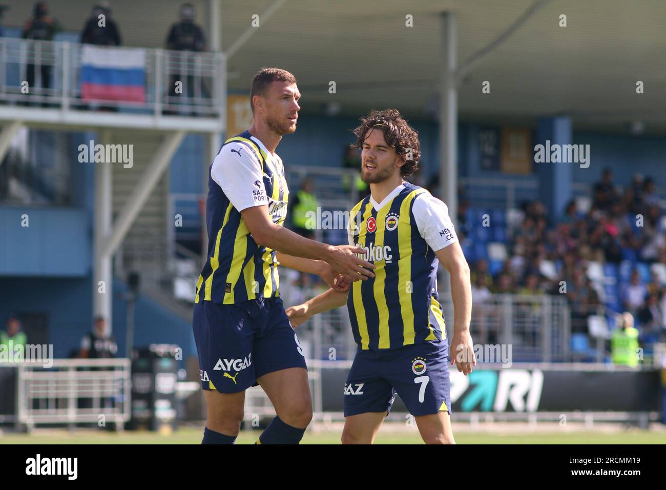 Saint Petersburg, Russia. 15th July, 2023. Edin Dzeko (L), Ferdi Kadioglu (R) of Fenerbahce in action during the Pari Premier Cup football match between Fenerbahce Istanbul and Neftci Baku at Stadium Smena. Fenerbahce S.K. team won against Neftci Baku PFK with a final score of 1:0. (Photo by Maksim Konstantinov/SOPA Images/Sipa USA) Credit: Sipa USA/Alamy Live News Stock Photo