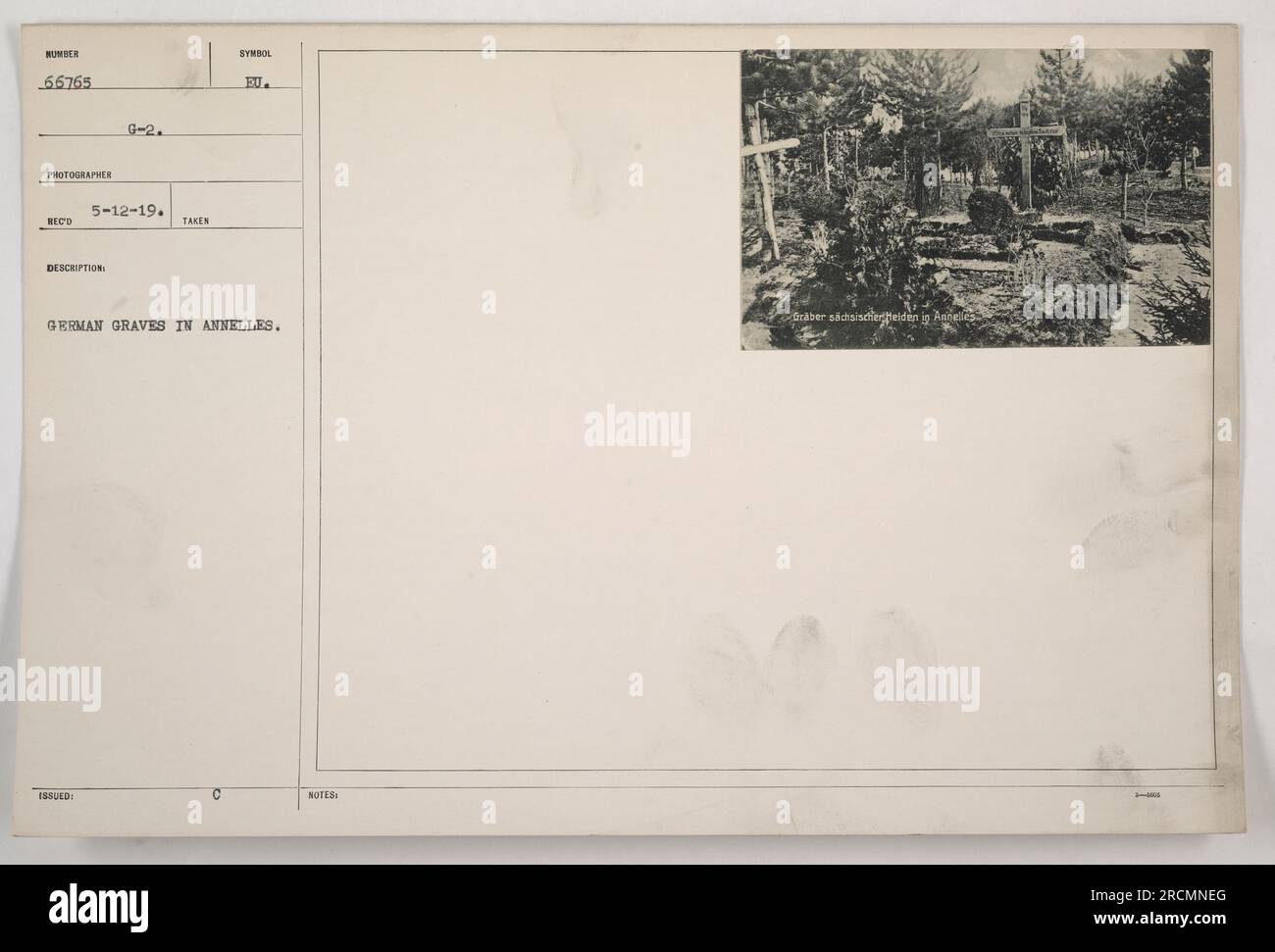 German graves in Annelles, France. Photo taken on 5-12-19. The symbol issued on the photograph is EU, and it depicts German graves. A note mentions Braber sächsischlereiden in Anteles 1-1000. Stock Photo