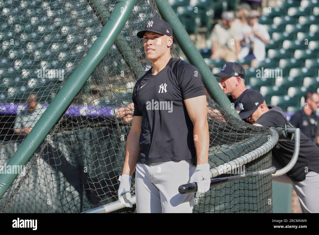 July 15 2023: New York right fielder Aaron Judge (99) takes batting practice  before the game with New York Yankees and Colorado Rockies held at Coors  Field in Denver Co. David Seelig/Cal