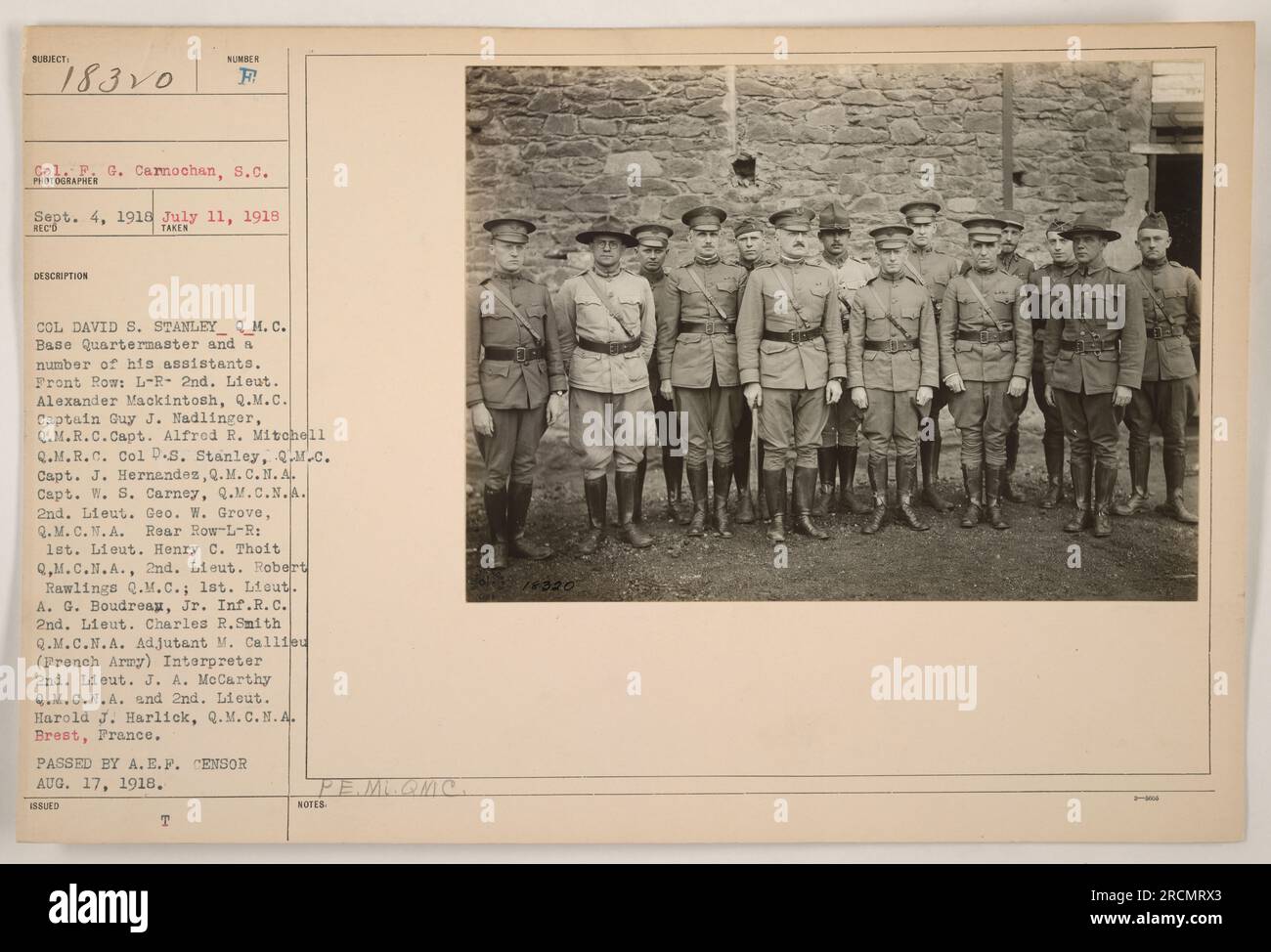 Base Quartermaster Colonel David S. Stanley and his assistants pose for a photo. Front row, from left to right: 2nd Lieutenant Alexander Mackintosh, Captain Guy J. Madlinger, Captain Alfred R. Mitchell, Colonel D.S. Stanley, Captain J. Hernandez, Captain W.S. Carney, 2nd Lieutenant George W. Grove. Rear row, left to right: 1st Lieutenant Henry C. Thoit, 2nd Lieutenant Robert Rawlings, 1st Lieutenant A.G. Boudreau Jr., 2nd Lieutenant Charles R. Smith, Adjutant M. Cal1jeu (French Army) Interpreter 2nd Lieutenant J.A. McCarthy, and 2nd Lieutenant Harold J. Harlick. Taken in Brest, France. Stock Photo
