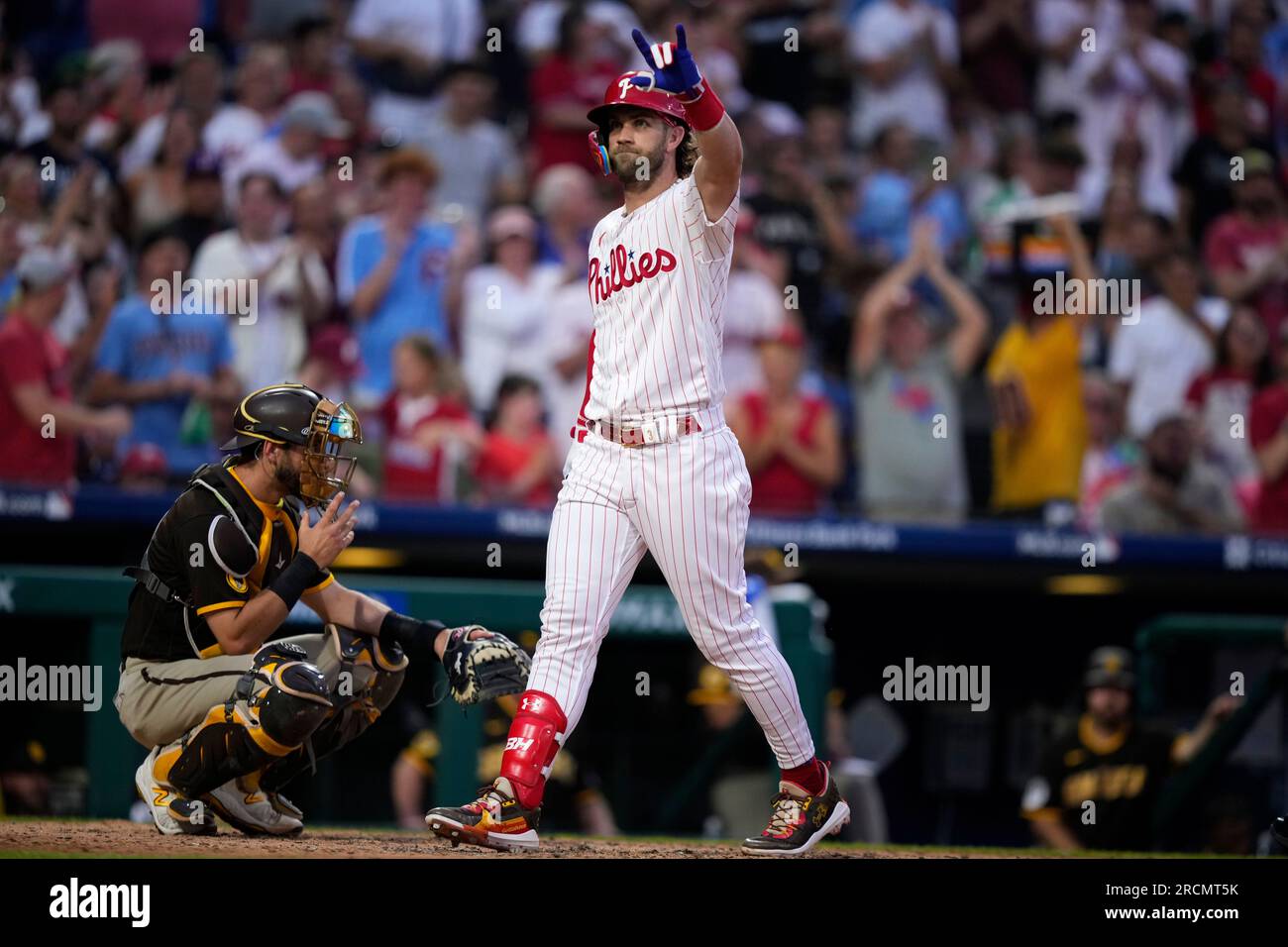 Bryce Harper of the Philadelphia Phillies looks on after hitting a