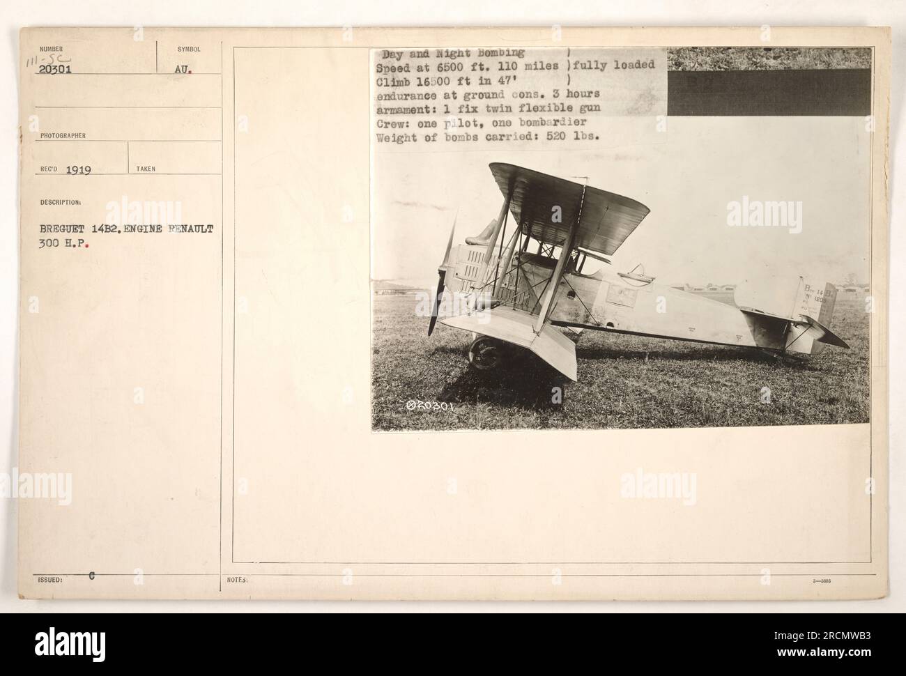 An american breguet 14b2 aircraft equipped with a renault 300 h p