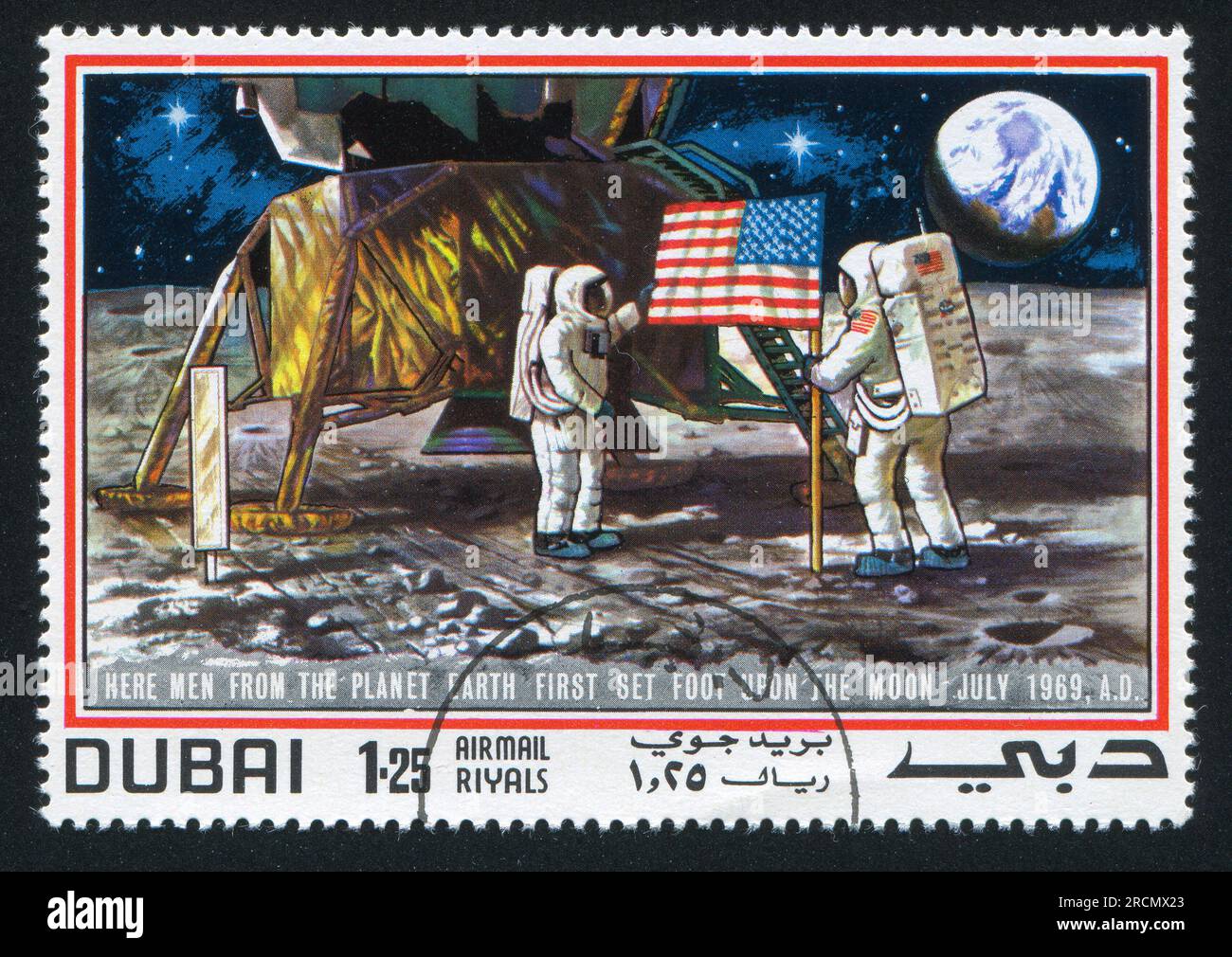 DUBAI - CIRCA 1969: stamp printed by Dubai, shows Astronaut and Moon Surface, circa 1969 Stock Photo