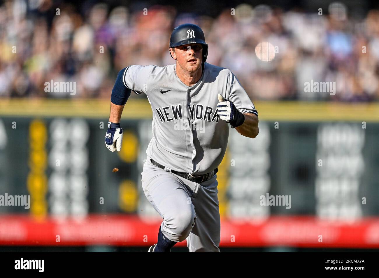 DENVER, CO - JULY 15: New York Yankees third baseman DJ LeMahieu (26)  advances from second to third in the second inning during a game between  the New York Yankees and the