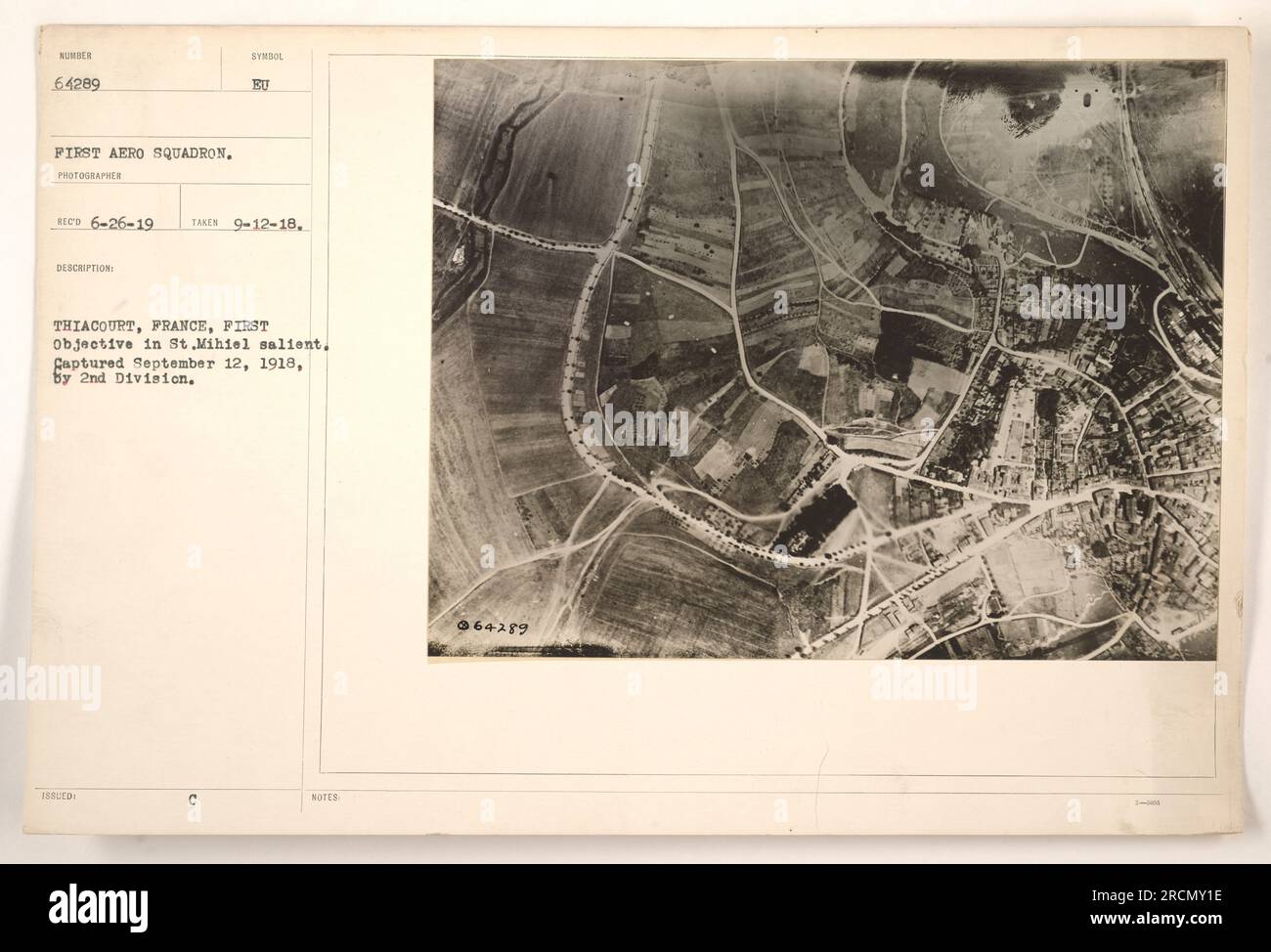 Thiacourt, France, the first objective captured by the 2nd Division on September 12, 1918, in the St. Mihiel salient. This photograph taken by the First Aero Squadron depicts the symbol issued at the location. (Notes: Rec'd 6-26-19, Taken 9-12-18. C Notes 064289 4404) Stock Photo