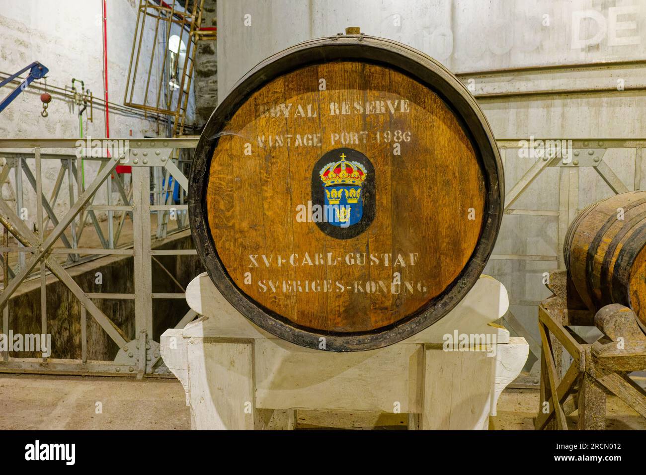 Real Companhia Velha cask of Royal Reserve Port in their cellar, Porto, Portugal Stock Photo