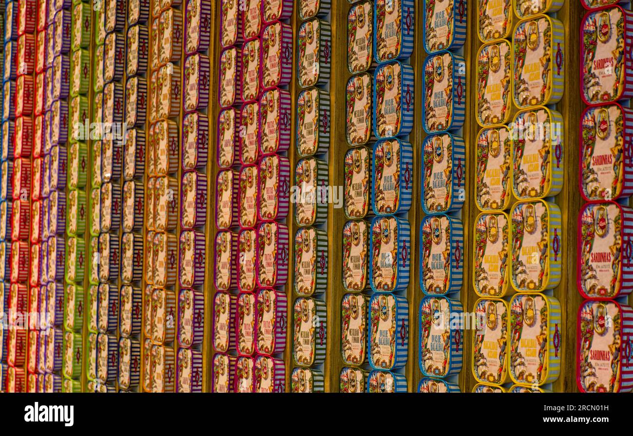 Rows of shrimp tins in Gaia, Portugal Stock Photo