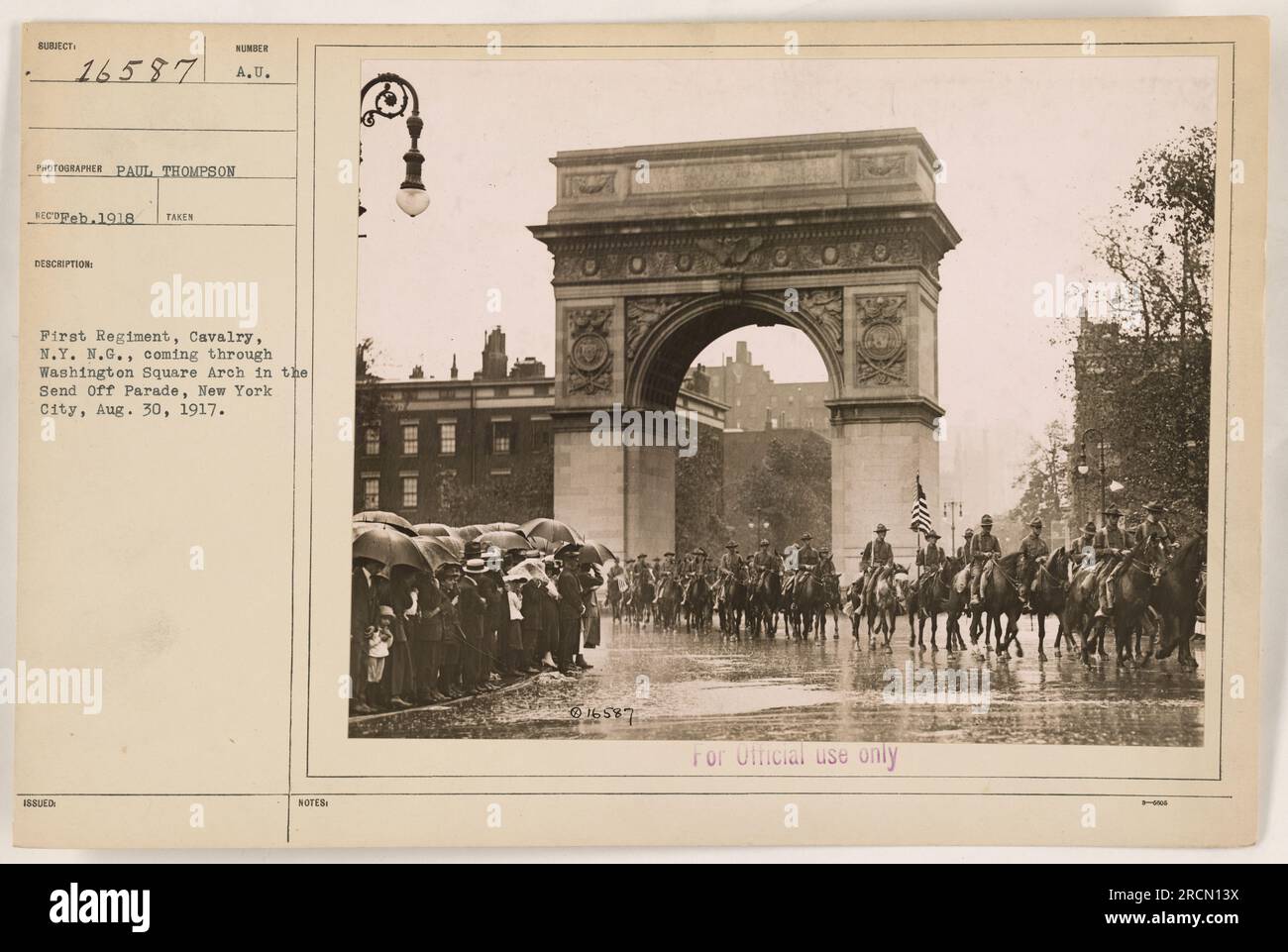 First Regiment, Cavalry, N.Y. National Guard, passing through Washington Square Arch during the Send Off Parade in New York City on August 30, 1917. Stock Photo