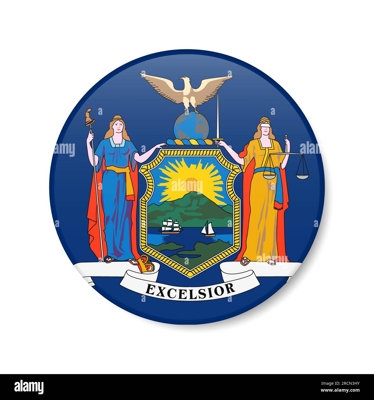 New York flag circle button icon, US state round badge with shadow. 3D