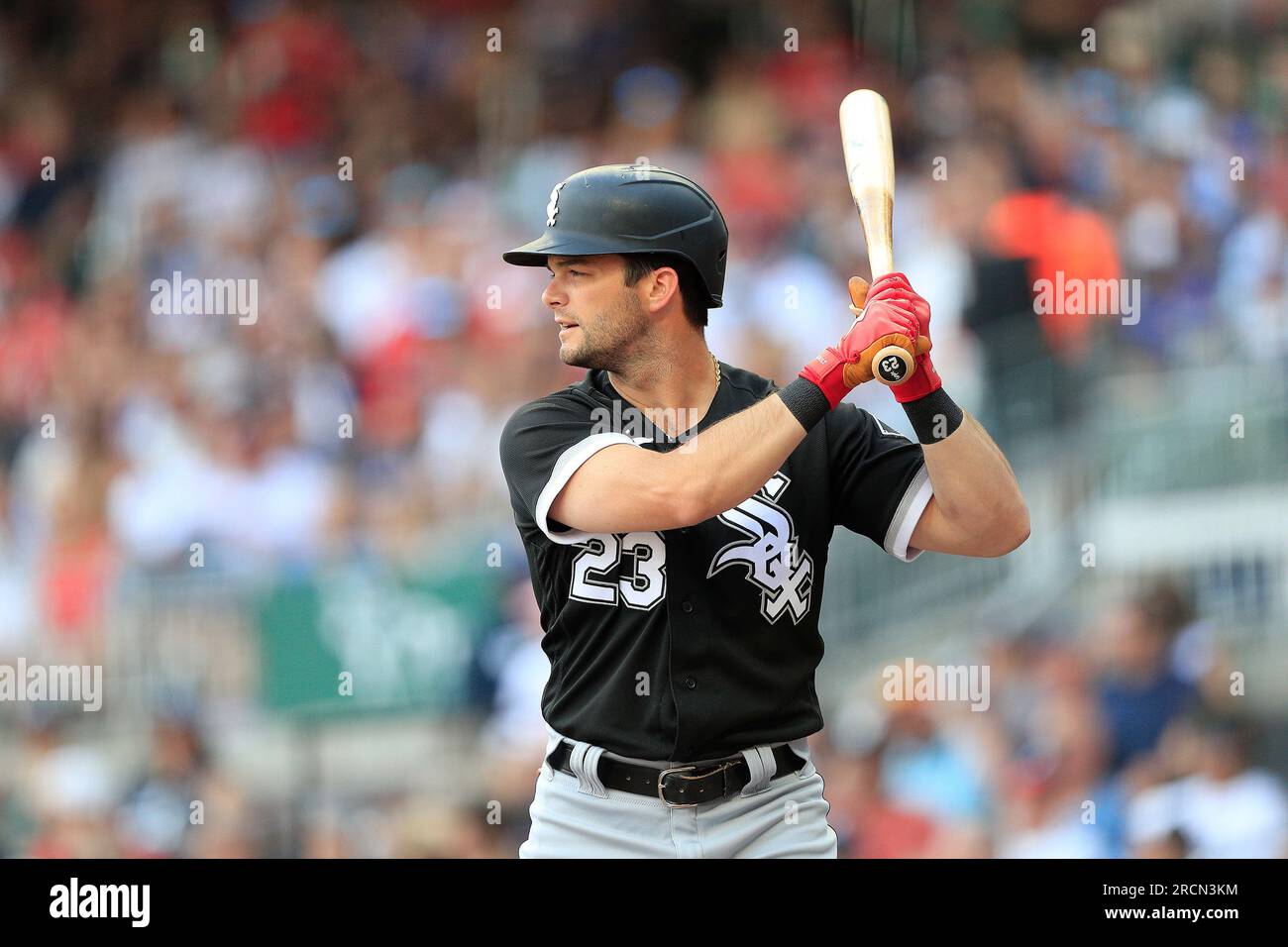 ATLANTA, GA - JULY 15: Chicago White Sox relief pitcher Keynan Middleton  (99) confers with Chicago White Sox catcher Seby Zavala (44) during the  Saturday evening MLB game between the Atlanta Braves