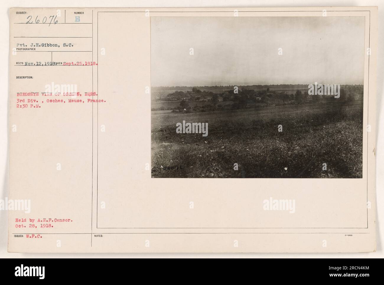 Pvt. J.E. Gibbon of the Signal Corps took this photograph, numbered 26076, on September 25, 1918, in Osches, Meuse, France. Taken from a bird's-eye view, it shows a view of Osches and its surroundings at 2:30 P.M. This photograph was held by the A.E.F. Censor and later issued by the W.F.C. Stock Photo