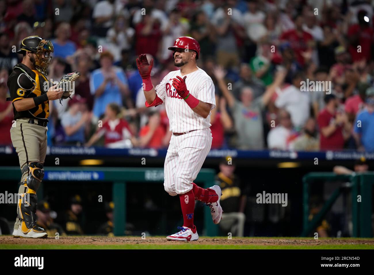 Philadelphia Phillies' Kyle Schwarber reacts after a home run during the  second baseball game in a doubleheader, Saturday, July 15, 2023, in  Philadelphia. (AP Photo/Matt Slocum Stock Photo - Alamy