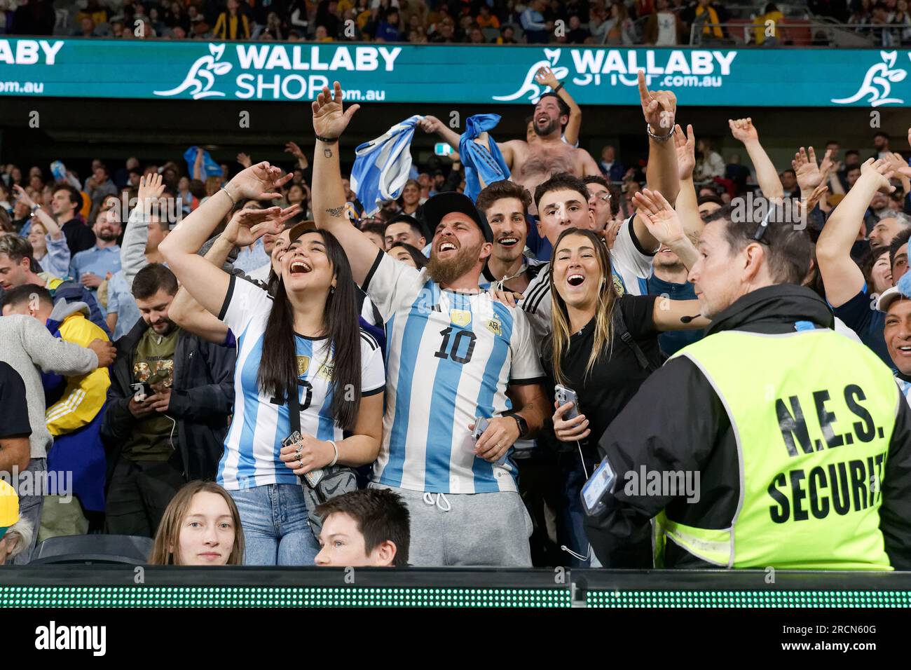 Sydney, Australia. 15th July, 2023. Argentinian fans celebrate after the eToro Rugby Championship 2023 match between Australia and Argentina at CommBank Stadium on July 15, 2023 in Sydney, Australia Credit: IOIO IMAGES/Alamy Live News Stock Photo