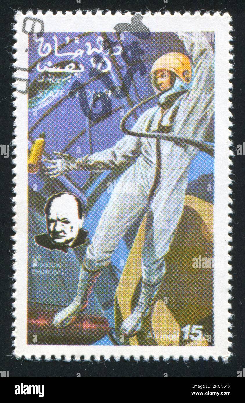 OMAN - CIRCA 1972: stamp printed by Oman, shows Astronaut and Winston Churchill, circa 1972 Stock Photo