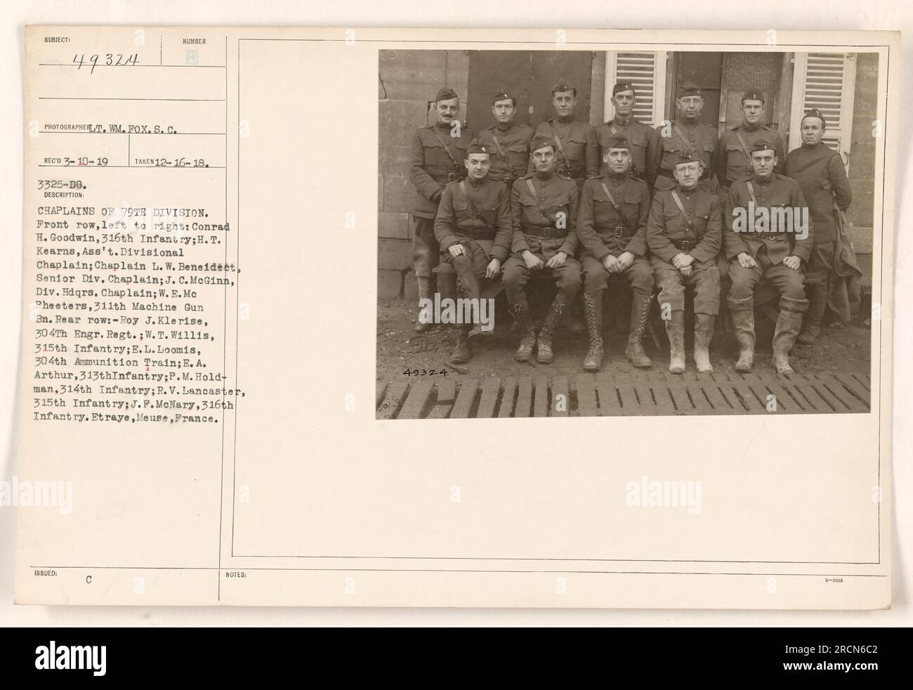 'Chaplains of the 79th Division pose for a formal group photograph. Front row, from left to right: Conrad H. Goodwin, H. T. Kearns, L. W. Beneideet, J. C. McGinn, W. E. MePheeters. Rear row: Roy J. Klerise, W. T. Willis, E. L. Loomis, E. A. Arthur, P. M. Holdman, R. V. Lancaster, J.F. McNary. Taken in Etraye, Meuse, France.' Stock Photo