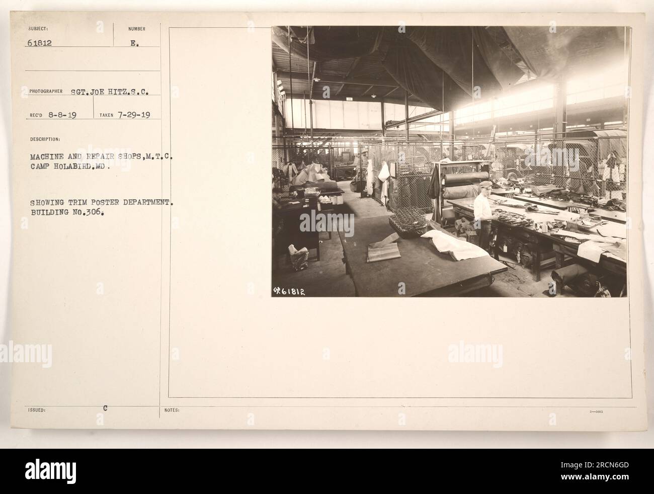 Interior of Repair and Machine Shops at Camp Holabird, MD, showing the trim poster department in Building No. 306. This photograph was taken on July 29, 1919, by Sergeant Joseph Hitz, Signal Corps photographer. Description number B, issued for military activities documentation. Stock Photo