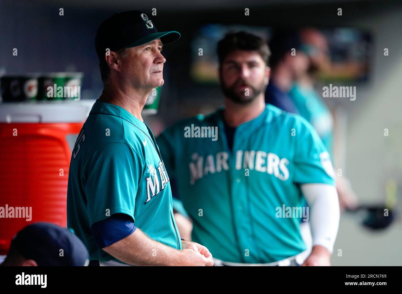 Seattle Mariners manager Scott Servais stands in the dugout during the  seventh inning of the team's baseball game against the Detroit Tigers,  Saturday, July 15, 2023, in Seattle. (AP Photo/Lindsey Wasson Stock