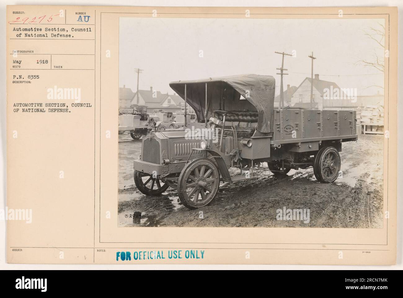 An image of the Automotive Section of the Council of National Defense during World War One. This photograph was taken in May 1918 by photographer May Reco. It has been assigned the identification number 111-SC-29275. The description provides the information that this photograph is part of the series issued as number 8355. It is marked 'For official use only'. Stock Photo