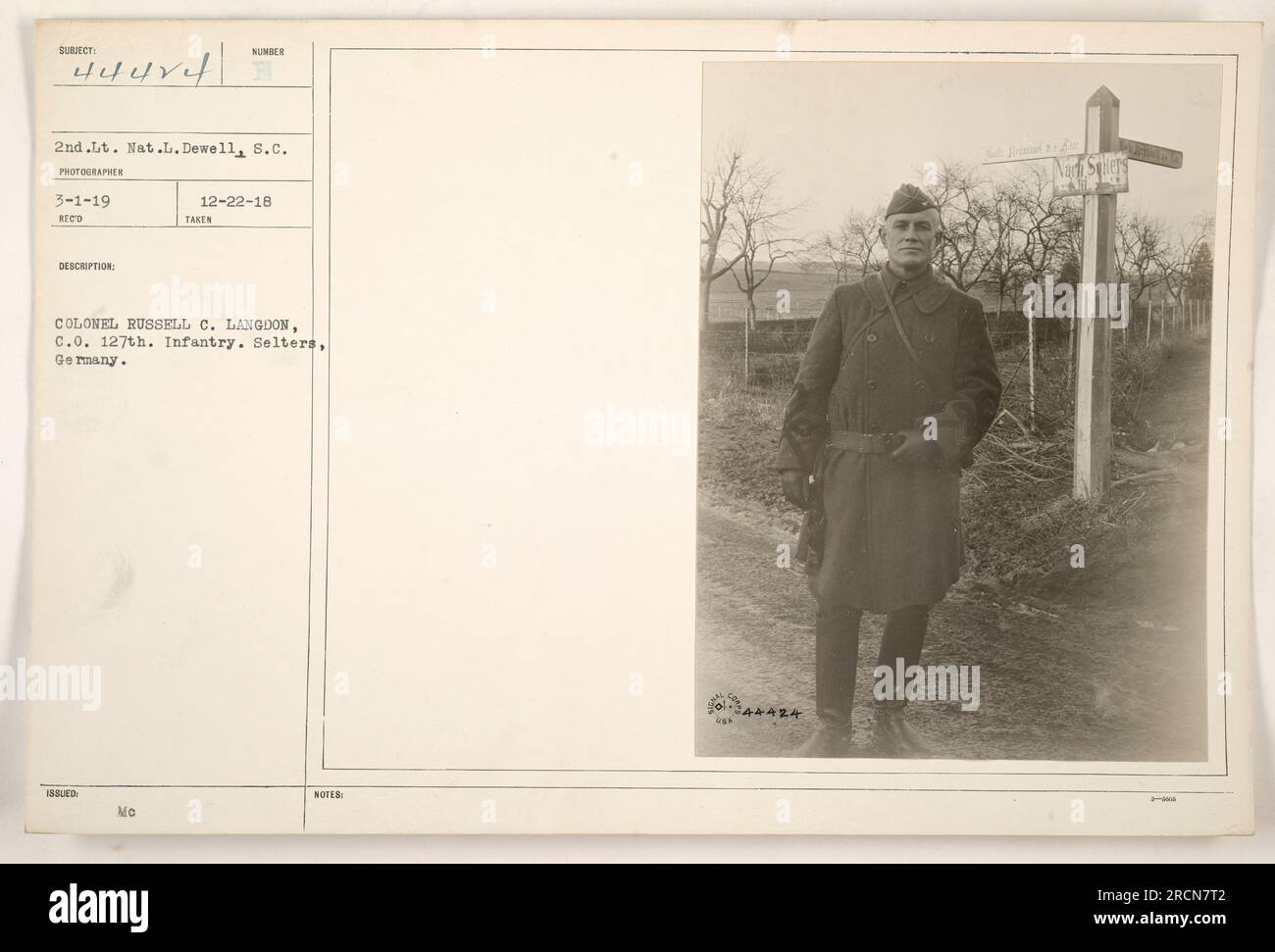 2nd Lieutenant Nat.L. Dewell of the Signal Corps photographed Colonel Russell C. Langdon, c.o. of the 127th Infantry, on March 1, 1919, in Selters, Germany. This photo is part of a collection with the reference number 44414, and it was issued on December 22, 1918. Stock Photo