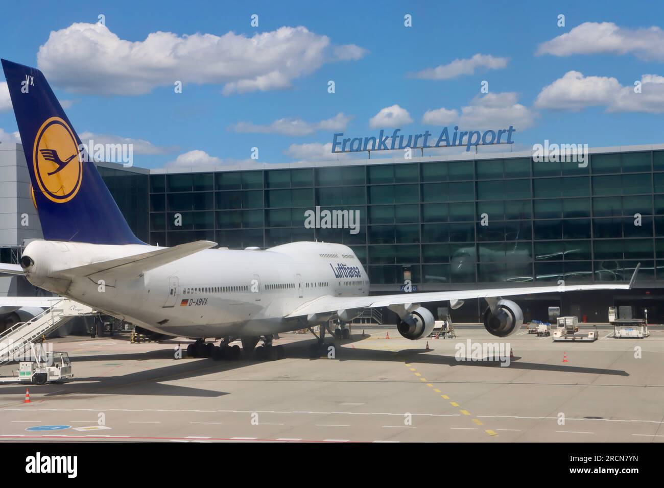 Lufthansa 747-800 at gate at Frankfurt airport in Germany Stock Photo