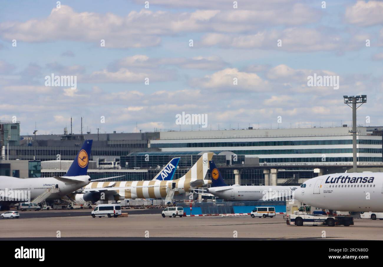 ANA plane and Lufthansa planes at Frankfurt airport in Germany Stock Photo