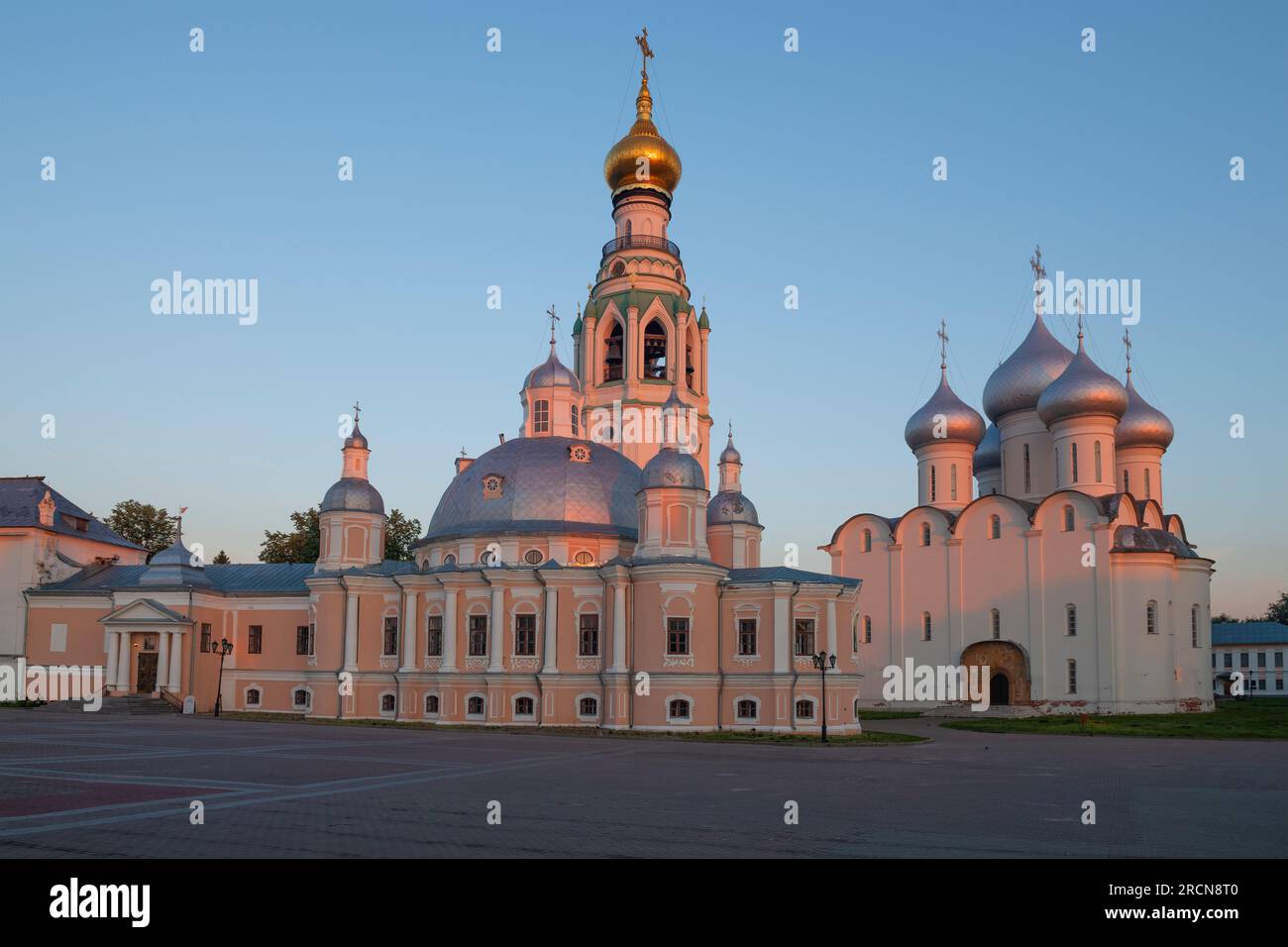 Resurrection and St. Sophia Cathedrals in early August morning. Kremlin Square, Vologda. Russia Stock Photo