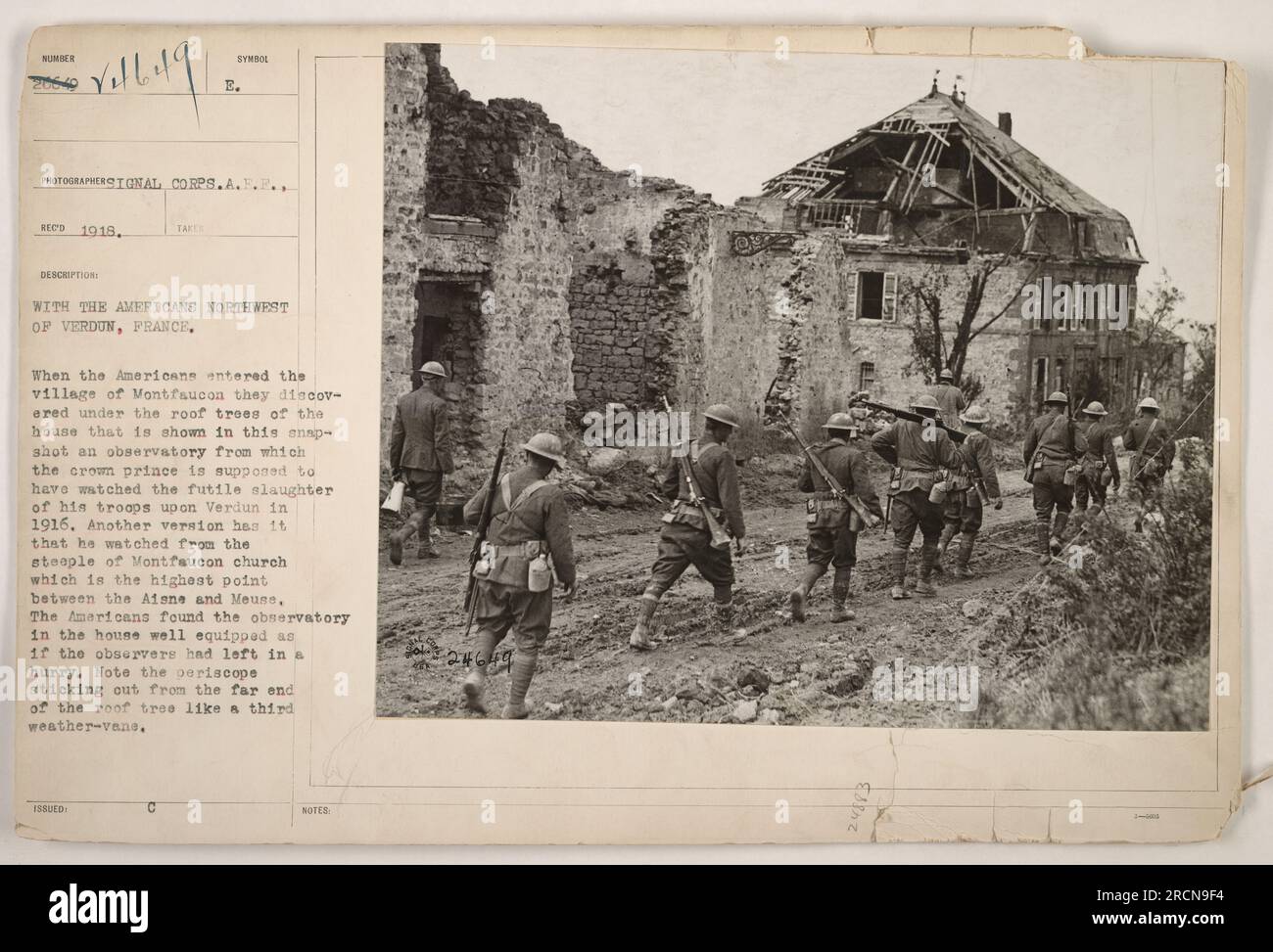 American soldiers discovering a German observatory in the village of Montfaucon, France during World War I. The observatory was supposedly used by the crown prince to watch the failed attacks on Verdun. The soldiers found the observatory well-equipped, with a periscope extending from the roof. Stock Photo
